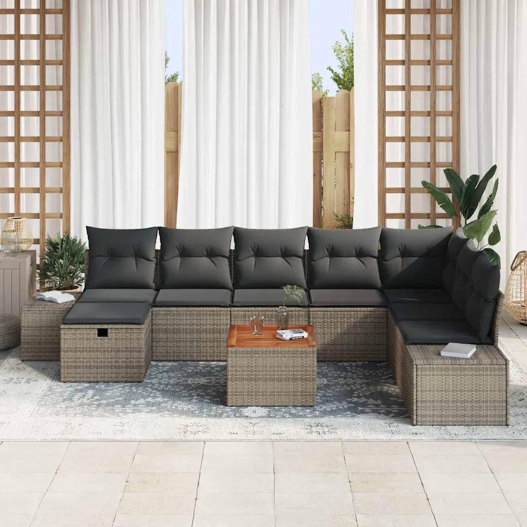 Set Divano da Giardino con cuscino 9 pcs Grigio Poly Rattan