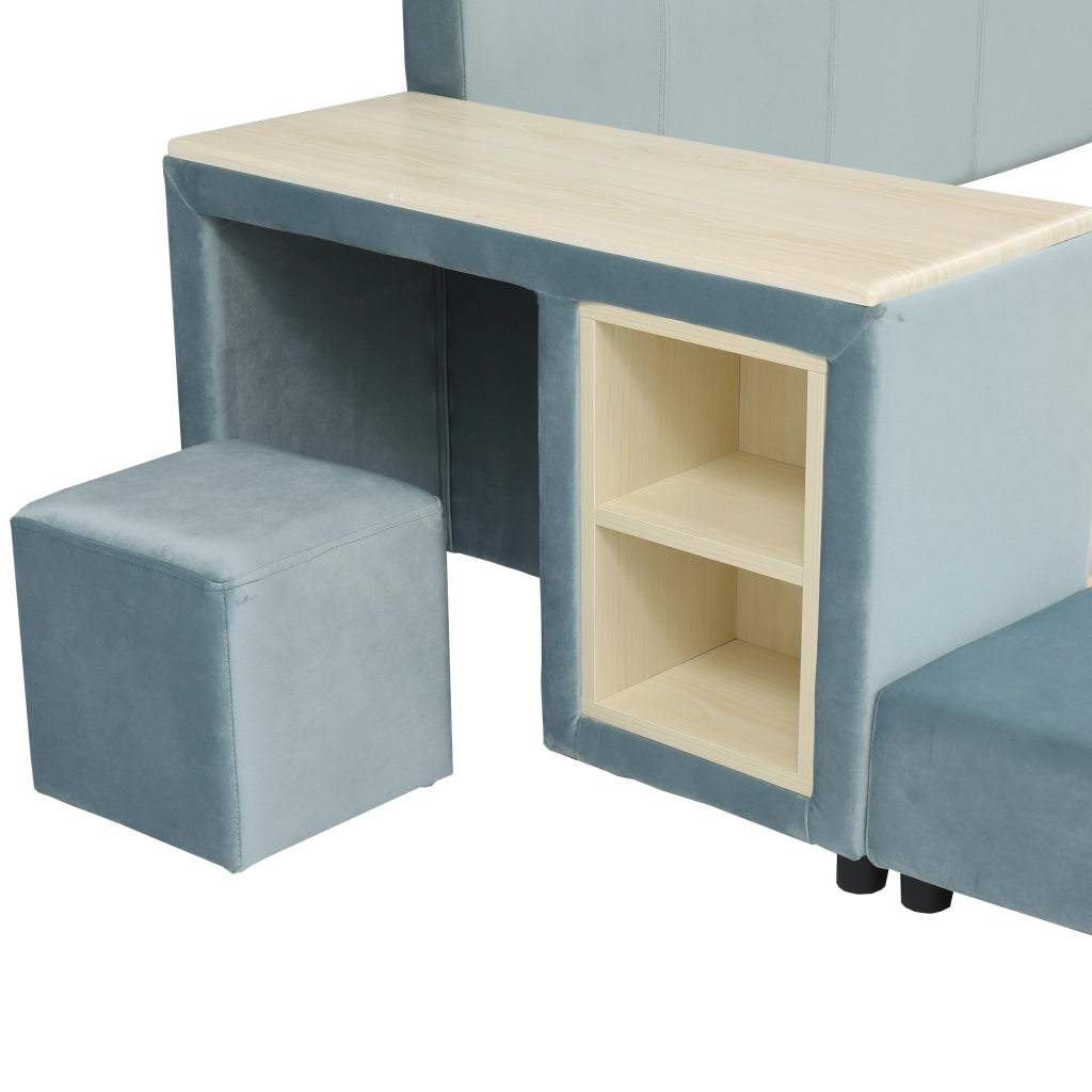 OKWISH Letto combinato 140×200 cm, Letto Singolo con Scrivania Laterale, Mensole e Pouf, senza Materasso, in Velluto, Blu