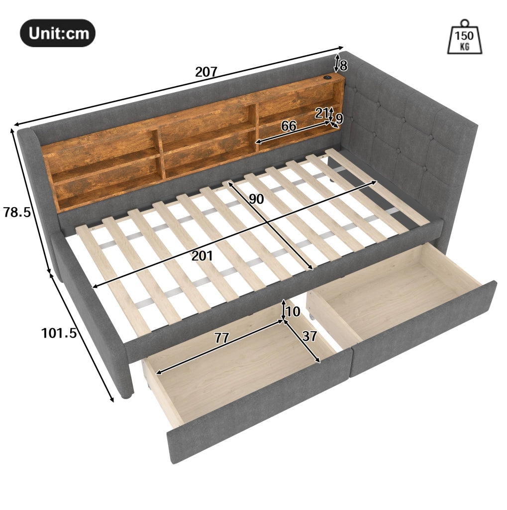 Letto singolo 90x200 cm grigio con cassetti, USB e Type-C