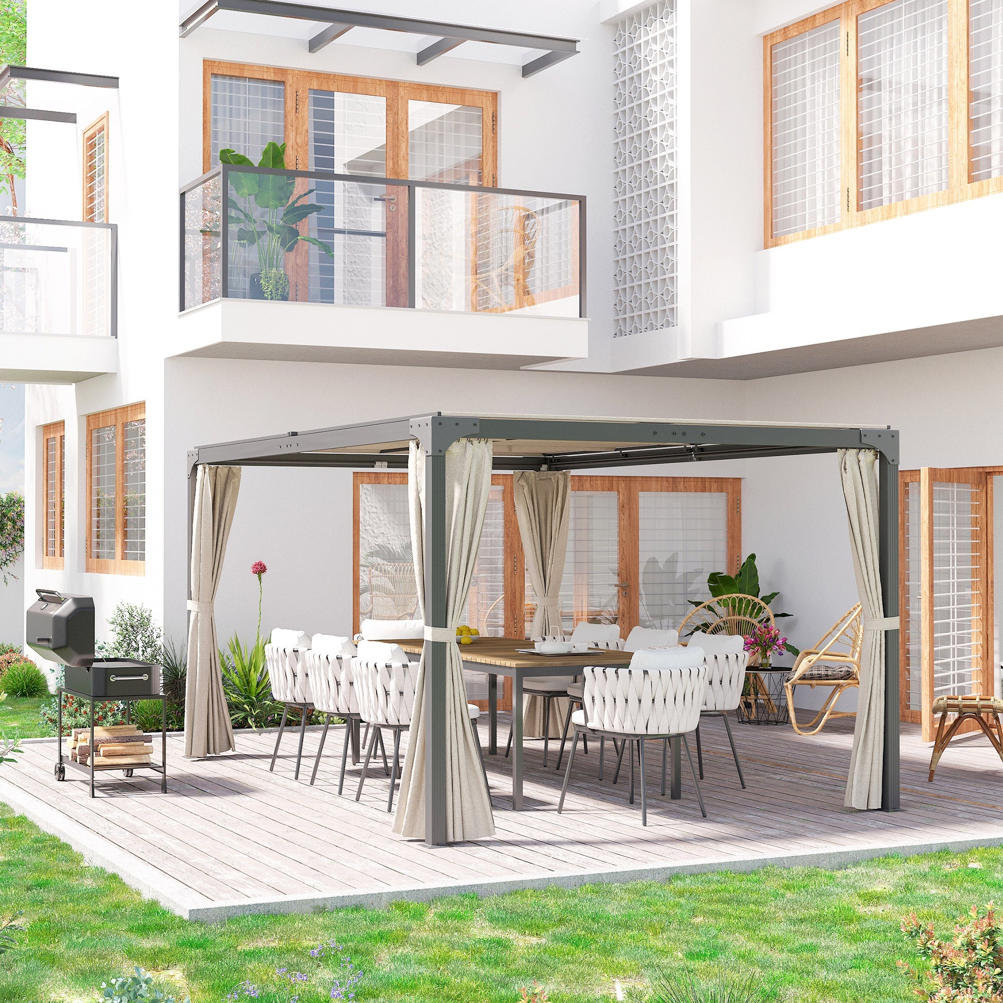 Pergola da Giardino 3x3m con Tende in Alluminio e Acciaio Beige