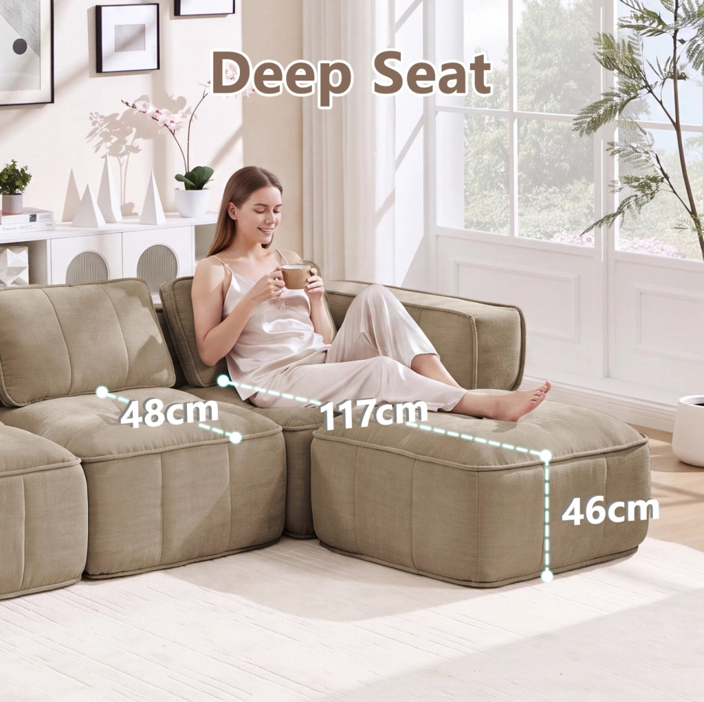 Divano modulare a U 3 posti con 2 pouf 271x162x67 cm in poliestere color sabbia