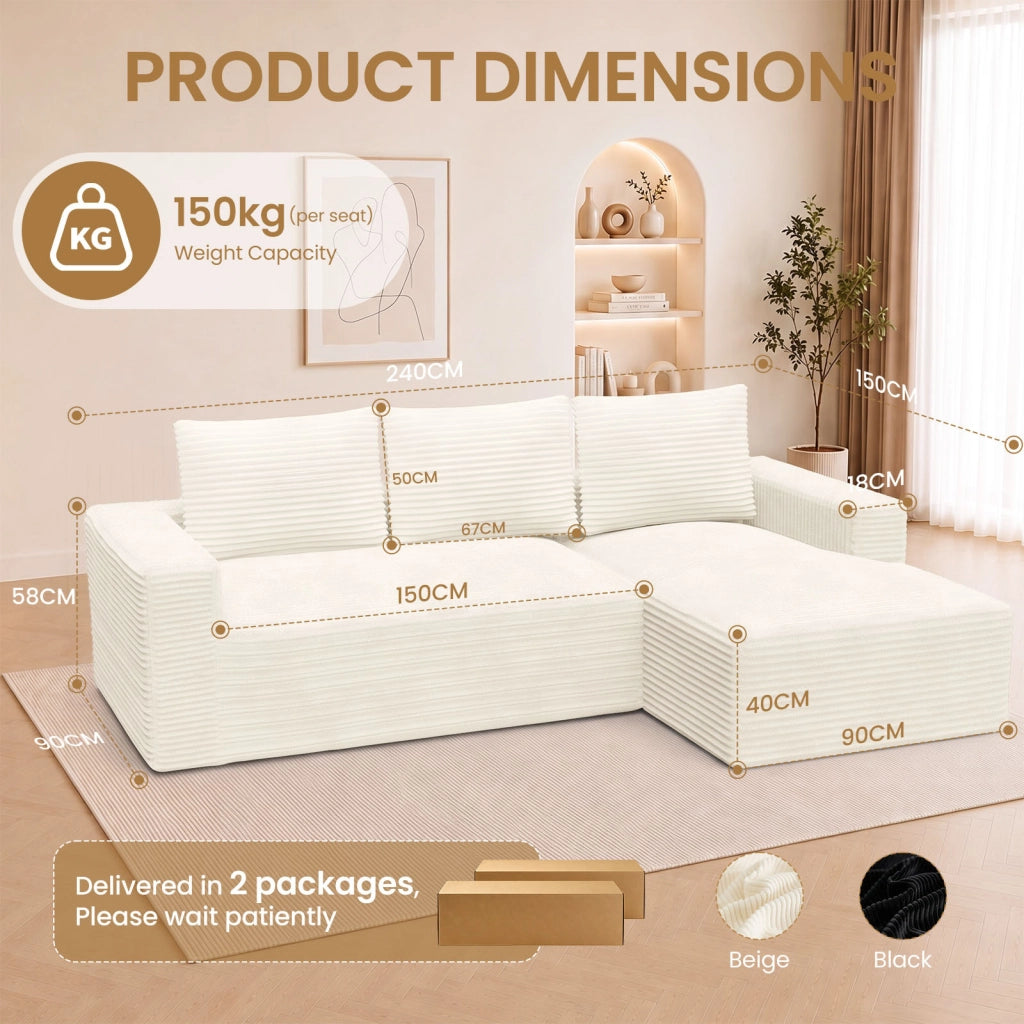 Divano angolare modulare in velluto a coste a L, divano compresso sottovuoto senza montaggio con chaise longue, molle insacchettate ergonomico