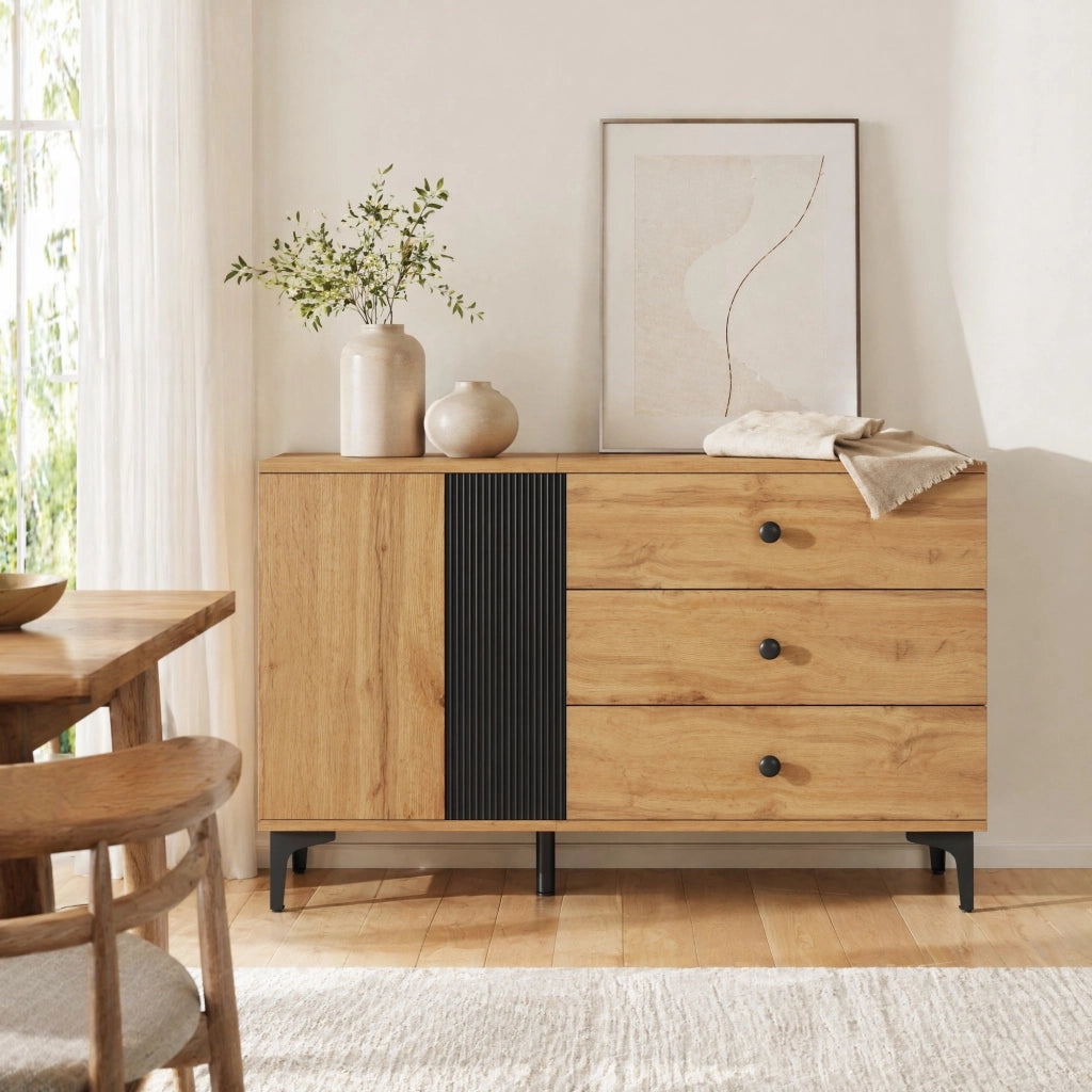 Madia con anta e tre cassetti in pannello di particelle nero e naturale 120 × 35 × 76 cm