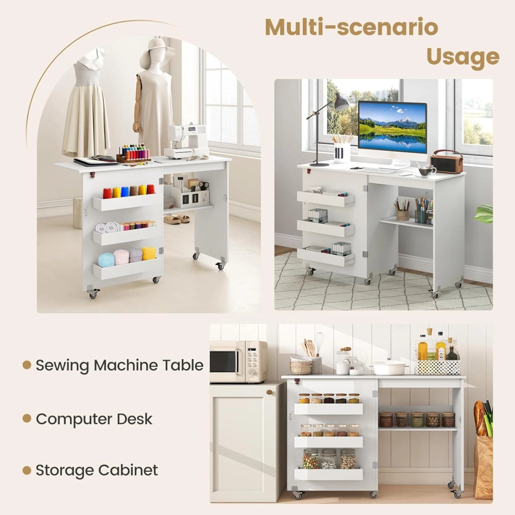 Tavolo da Cucito Pieghevole con Ruote, Mobile per Macchina da Cucire con 4 Ripiani Aperti e Ampio Piano di Lavoro, Ideale per Soggiorno, Camera da Letto e Sala Hobby (Bianco)