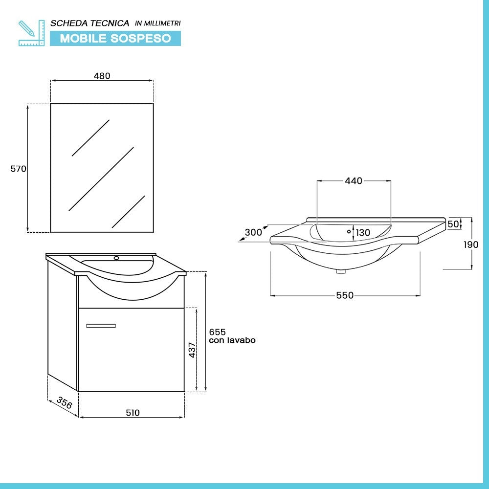 Mobile bagno sospeso 55 cm bianco completo di lavabo e specchio Desya