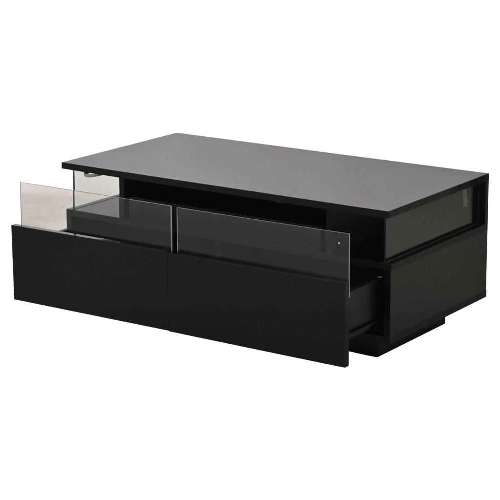 Tavolino da caffè 90x45x35;5 cm; con vassoio e LED; truciolare; vetro temperato e acrilico nero