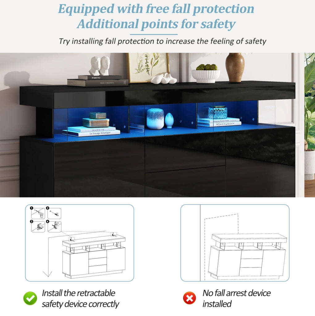 Credenza 140x35x80 cm con LED; 3 cassetti e vani aperti in truciolare e acrilico nero