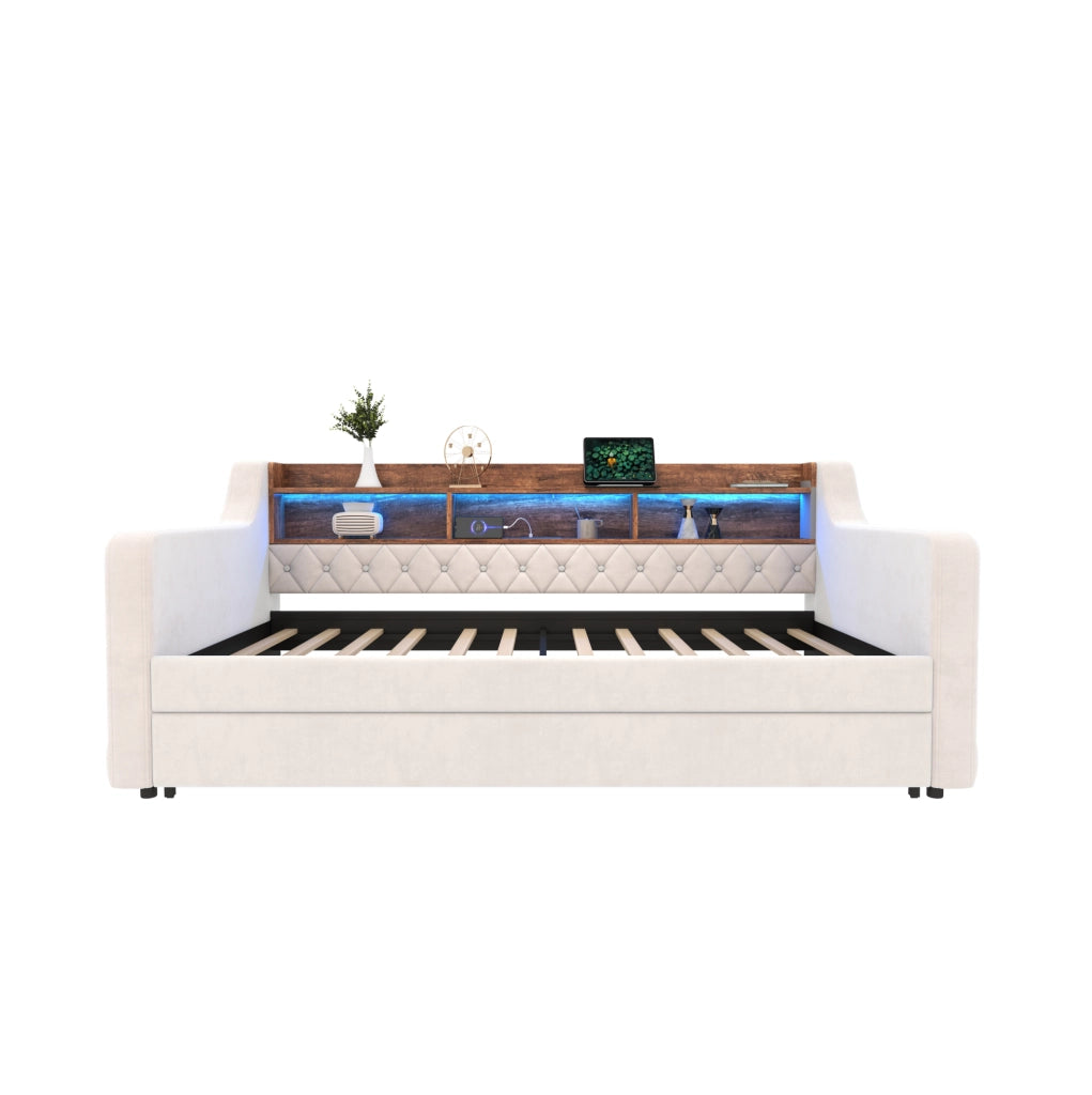 Letto estraibile 90x190 cm con contenitore; LED e USB-C in velluto beige