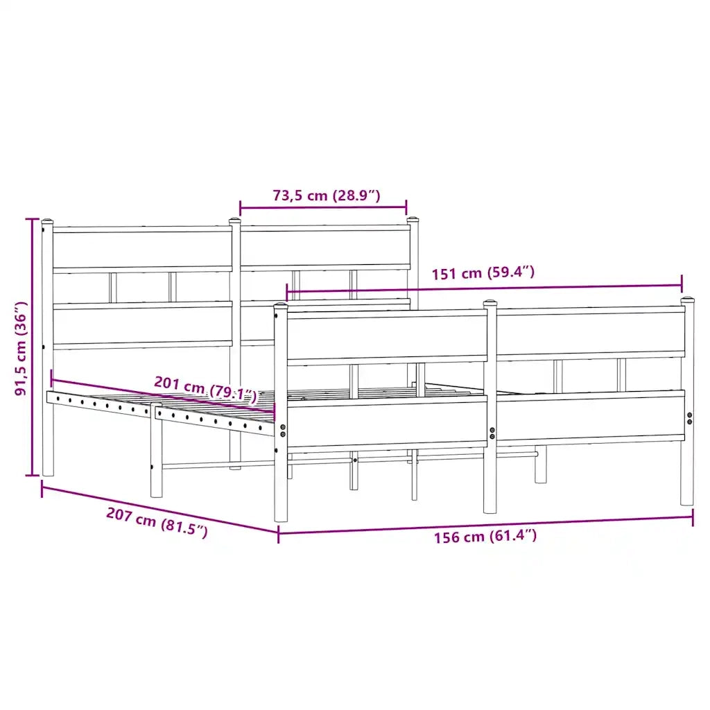 Letto matrimoniale | Letto per adulti | Giroletto senza Materaso in Metallo Rovere Sonoma 150x200 cm