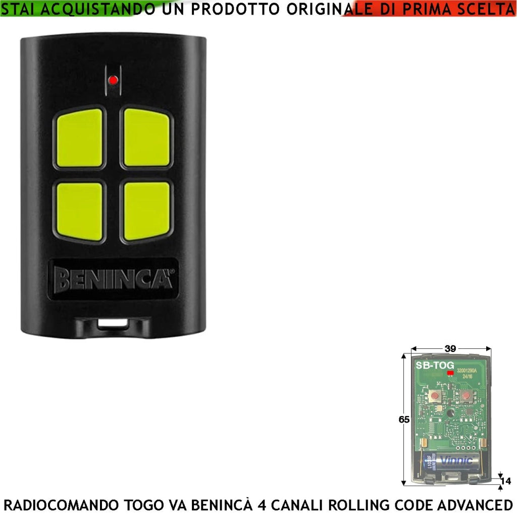 Radiocomando Quatricanale Freq. 433,92 MHz Portata Radio 60/100 MT TO.GO Codice Sicurezza Advanced Rolling Code 128 Bit Batteria 12 V 23A Contenitore ABS Nero Tasti Gialli Comando Automatismo Benincà