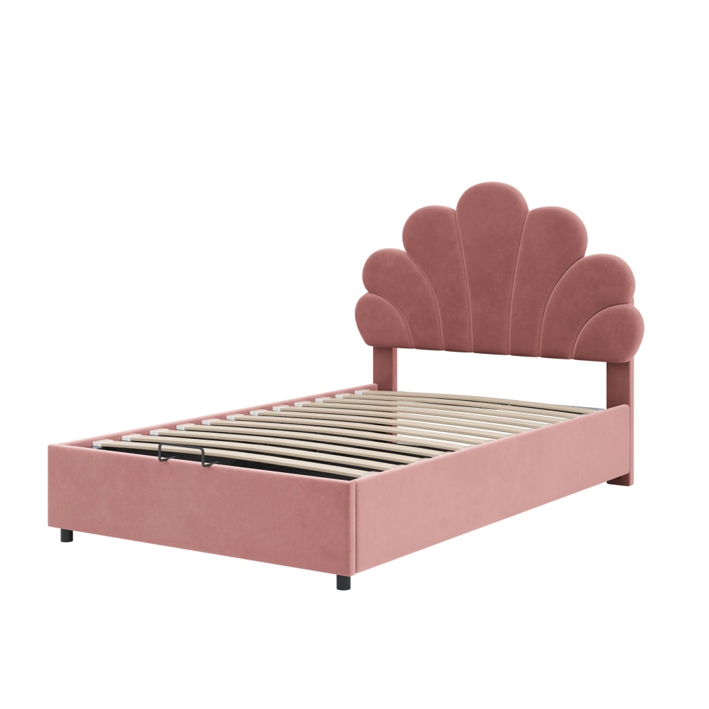 Letto per bambini imbottito con testiera floreale regolabile; contenitore idraulico e doghe; velluto rosa; 90x200 cm; senza materasso