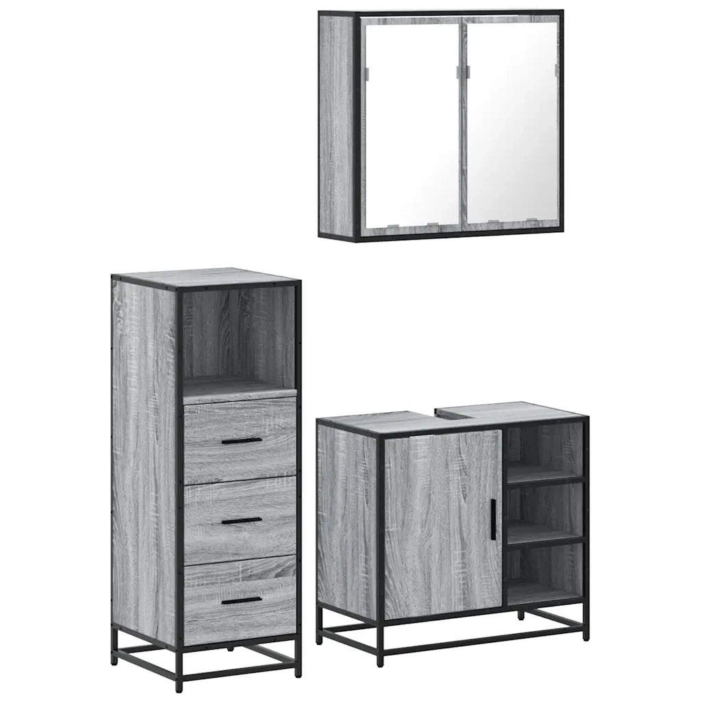 Set Mobili da Bagno | Armadio da bagno 3 pz Grigio Sonoma in Legno Multistrato