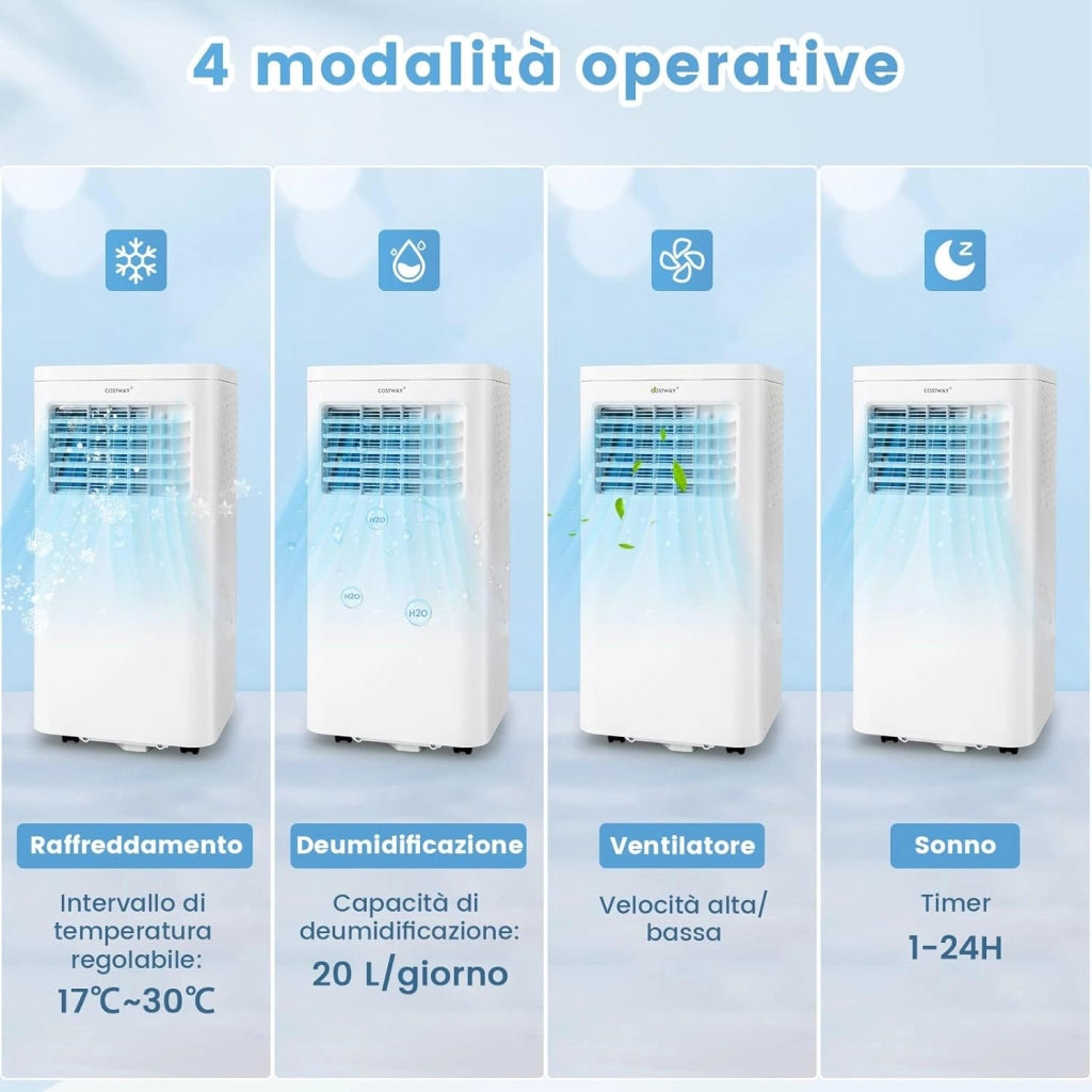 Condizionatore Portatile, 9000 BTU/2,5kW, 4 in 1 Con Raffreddamento, Ventola, Deumidificazione e Modalità Notturna, 24H Timer, Refrigerante R290 (9000BTU|20㎡+)