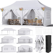 Gazebo 3x6 Pieghevole Impermeabile Con 6 Pareti Laterali - Tenda Protezione UV 50+ - 12 Chiodi Rettificati e 6 Corde - Per Esterno, Giardino, Campeggio, Matrimoni - Bianco