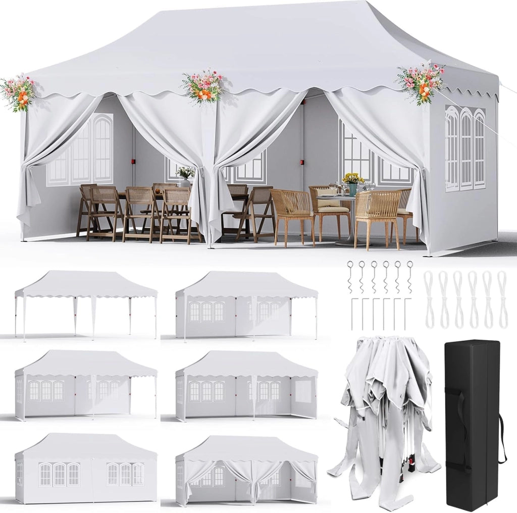 Gazebo 3x6 Pieghevole Impermeabile Con 6 Pareti Laterali - Tenda Protezione UV 50+ - 12 Chiodi Rettificati e 6 Corde - Per Esterno, Giardino, Campeggio, Matrimoni - Bianco