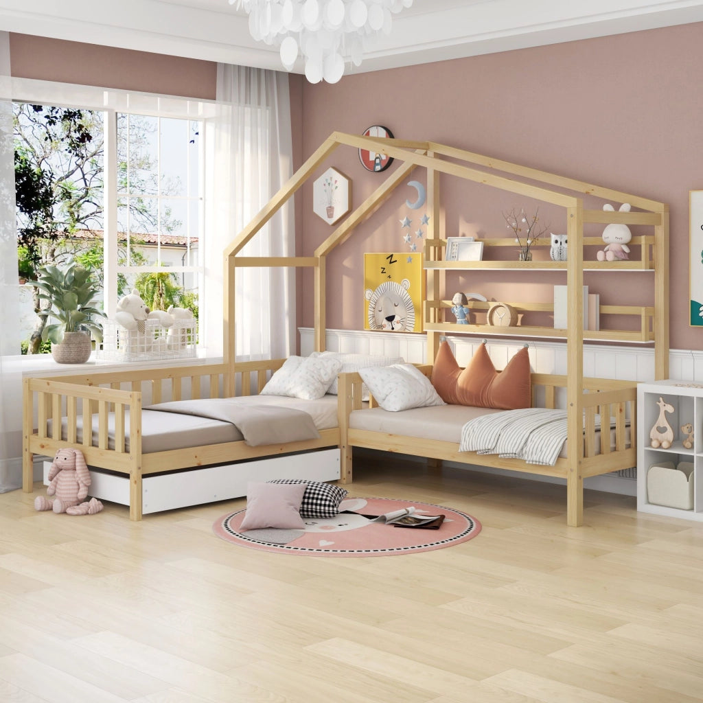 Letto a casa per bambini con cassetti e mensole in legno massello naturale 90x200 cm+140x70 cm