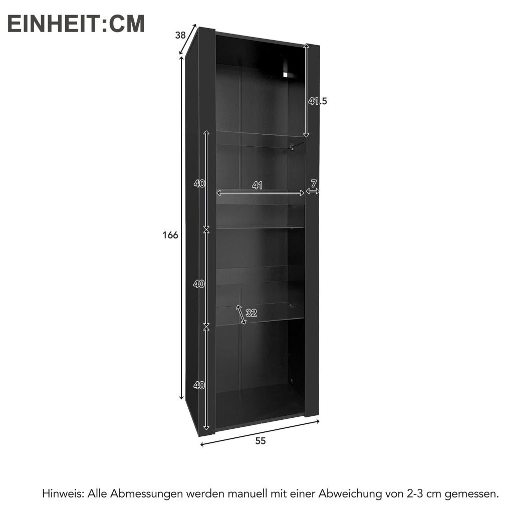 Vetrina alta con LED e 3 ripiani in vetro; 55x38x166 cm; nero lucido