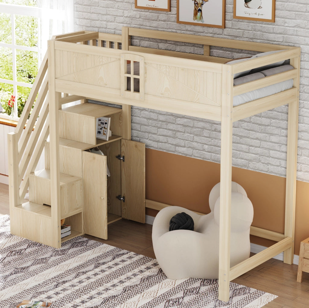 Letto a soppalco 90x200 cm in legno naturale con scala reversibile e vani contenitore