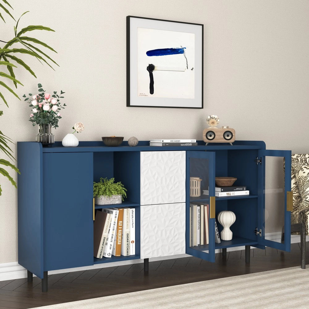 Credenza da Cucina con 2 Cassetti e 2 Ante in Vetro ¨C MINIMAL ¨C Legno Blu 55 Pollici