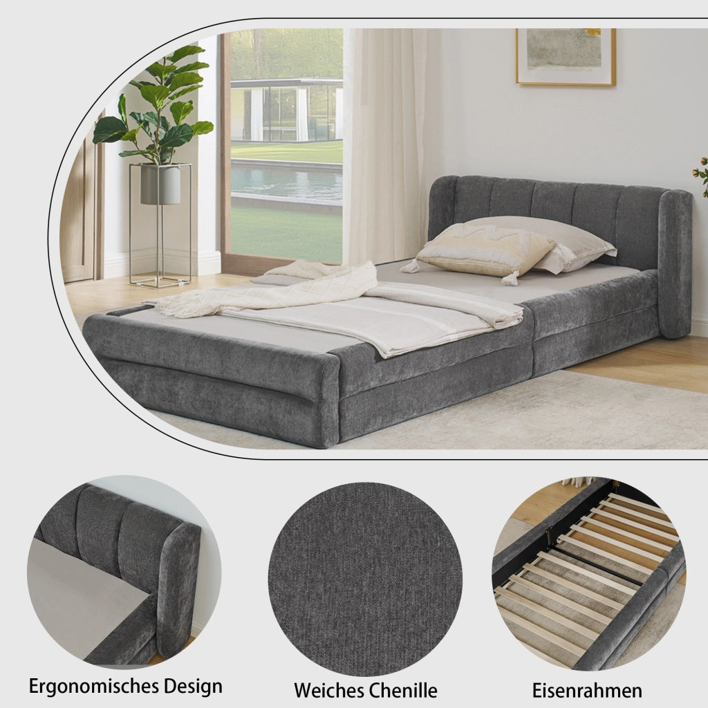 Letto singolo 90 × 200 cm con testiera ergonomica, senza materasso, in chenille, grigio scuro