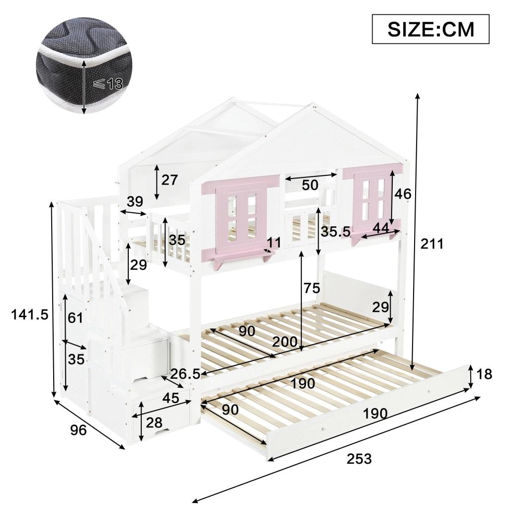 Letto a castello per bambini 90 × 200 cm con letto estraibile, scale contenitore e appendiabiti, senza materasso