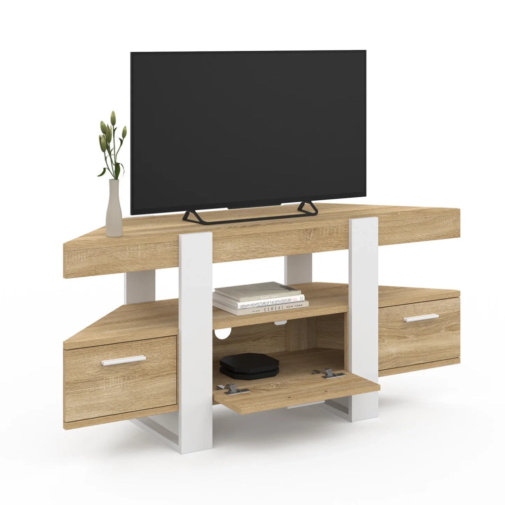 IDMarket - Mobile TV angolare PHOENIX 110 cm con cassetto in legno e bianco