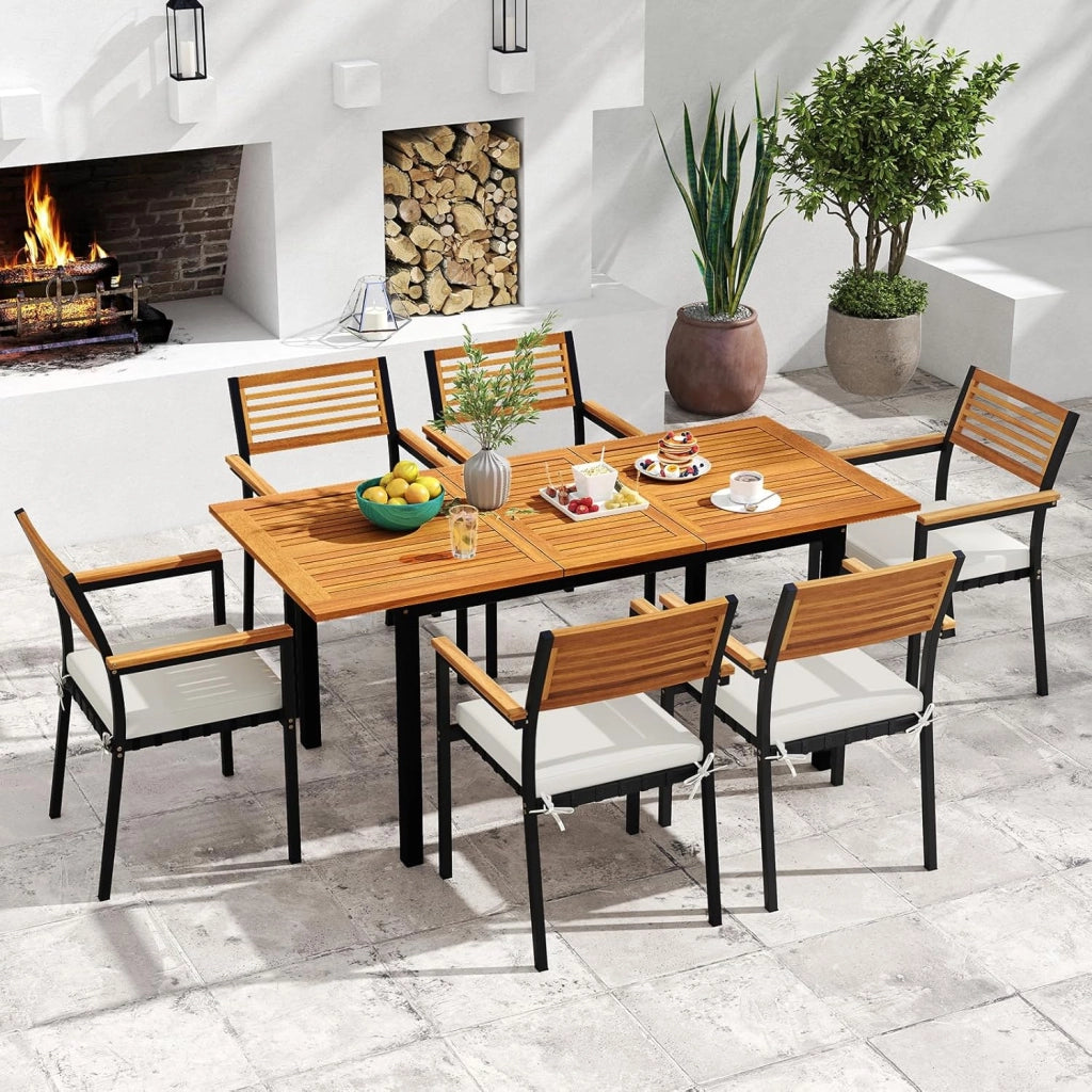 Tavolo Allungabile e 6 Sedie da Esterno, Pranzo da Giardino in Legno Massello, Tavolo con Foro per Ombrellone e Poltrone con Cuscini, Schienale e Braccioli, per Balcone e Cortile