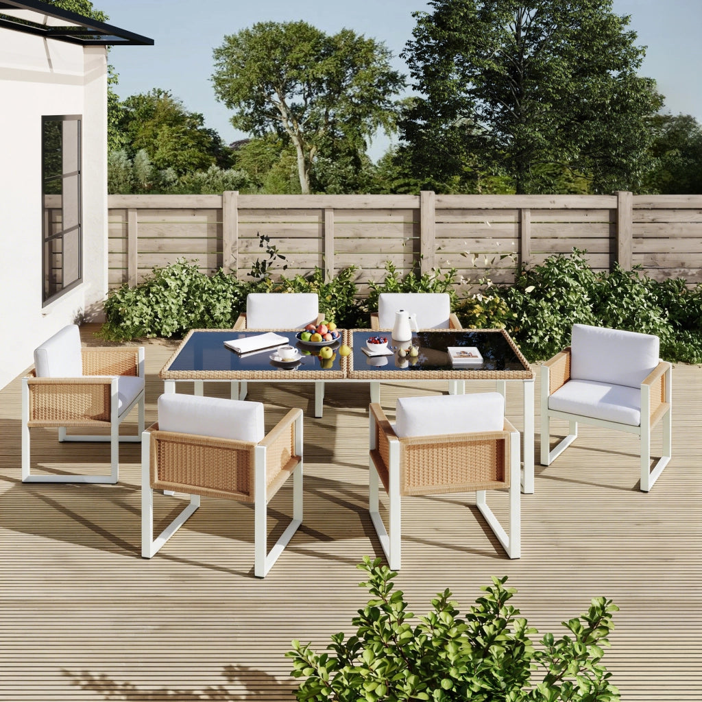 Set da pranzo per esterni con tavolo in vetro temperato e 6 sedie in rattan marrone e bianco