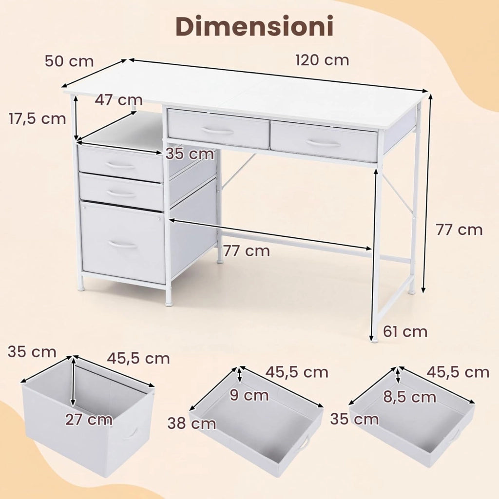 Scrivania per Computer 120 x 50 cm, Scrivania con Mensola, Cassetti in Tessuto e Struttura in Metallo, Scrittoio per PC per Ufficio, Camera da Letto e Studio (Bianco)
