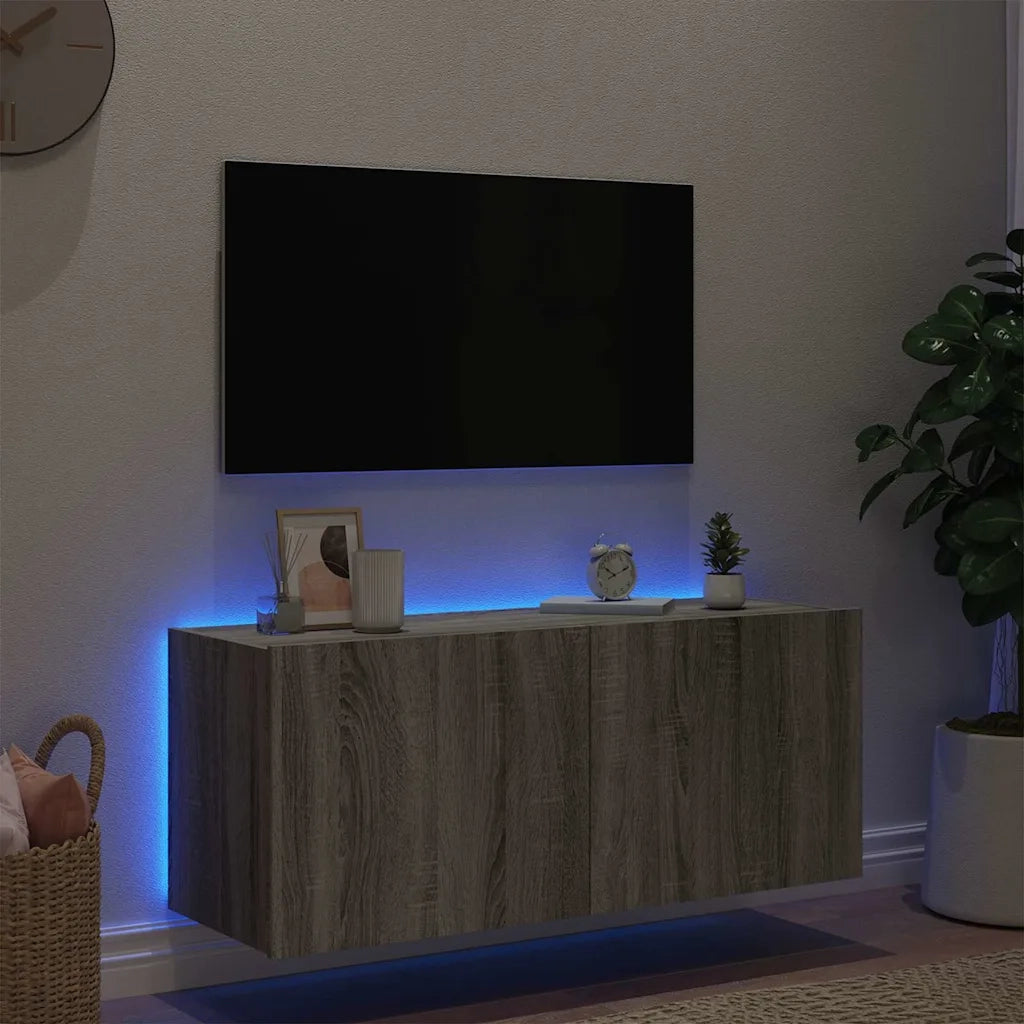 Mobile TV a Parete con Luci LED Grigio Sonoma 100x35x41 cm 837328