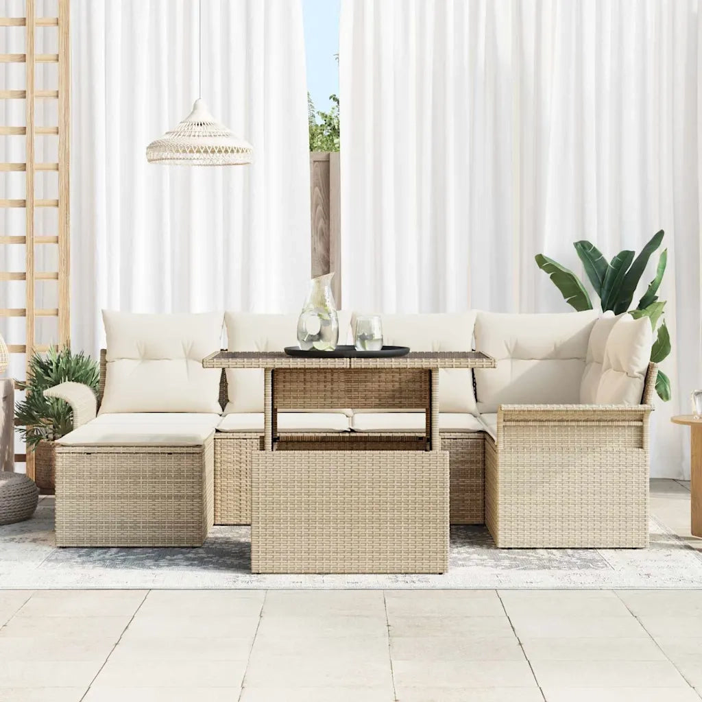 Set Divano da Giardino con cuscino 7 pcs Beige Poly Rattan