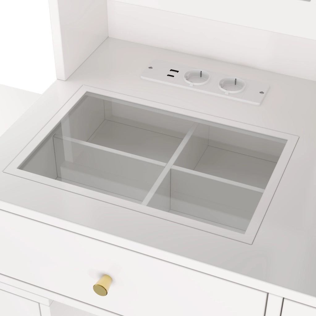 Toeletta con specchio LED; USB Type-C e 2 prese; 3 cassetti; 140x40x140 cm; bianco