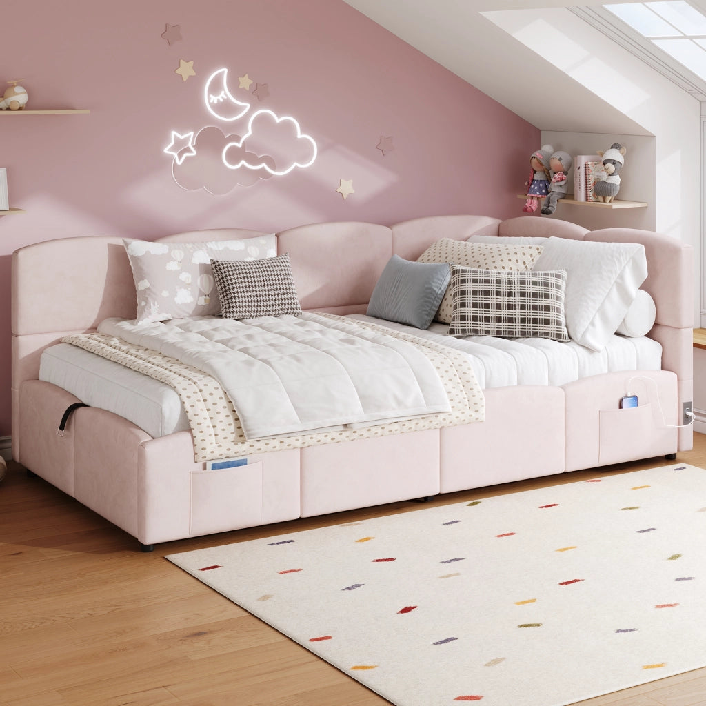 Letto a soppalco con contenitore idraulico velluto rosa 90x200 cm