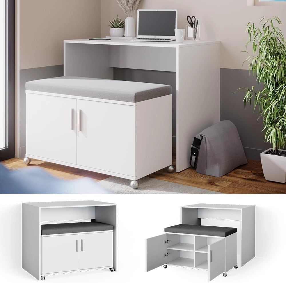 Scrivania con ruote Flona, Bianco, 93.2 cm, posizionabile in modo flessibile su ruote e allungabile