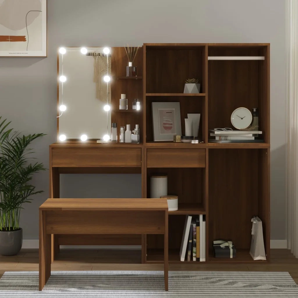 Set Tavolo da Toeletta con LED Rovere Marrone Legno Multistrato