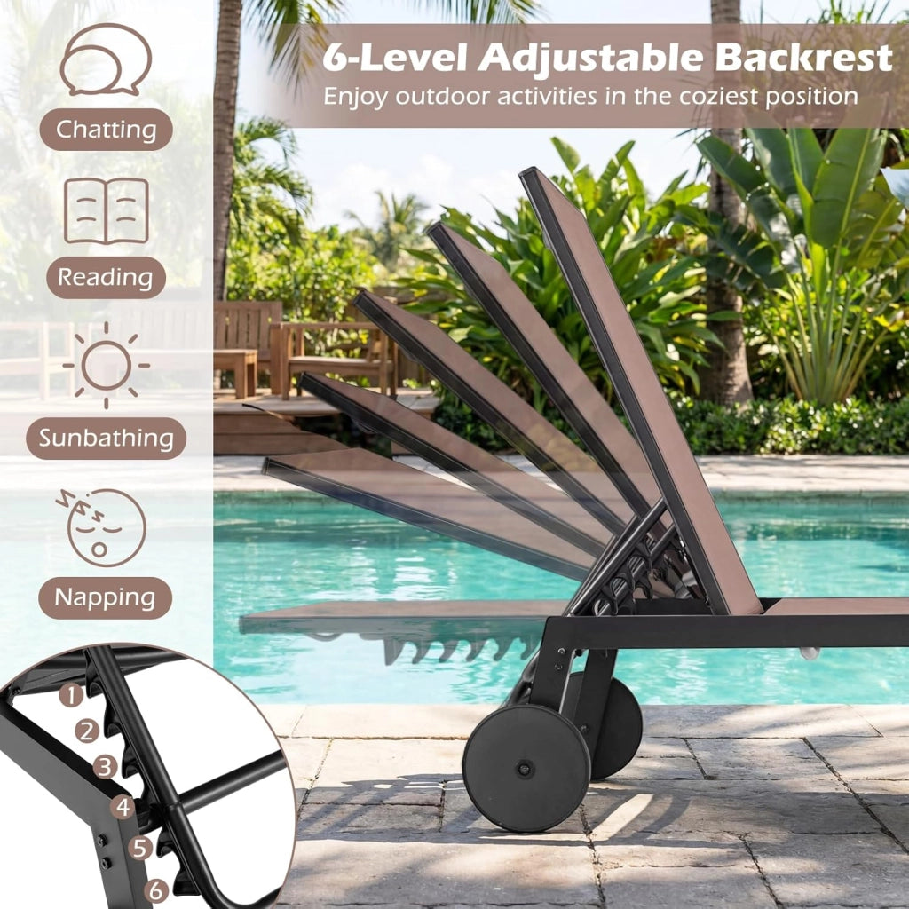 Set di 1/2 Sedie a Sdraio da Giardino con Ruote, Lettino Prendisole Reclinabile con Schienale Regolabile in 6 Posizioni, Lettino da Spiaggia in Tessuto e Metallo, Carico 150 kg (1, Caffè)