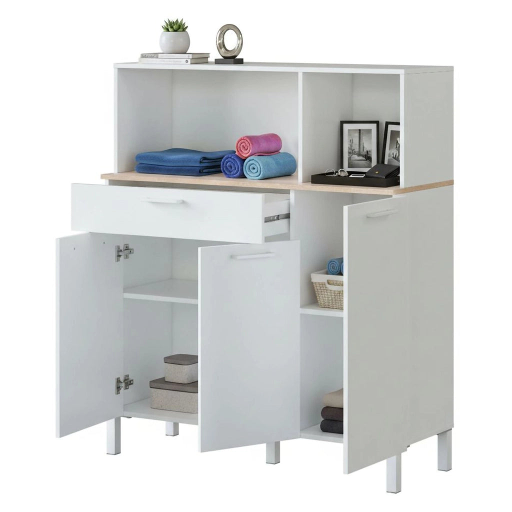 Armadio multiuso Angstrom, Mobile ausiliario da cucina, Credenza a 3 ante e 1 cassetto con ripiani, Armadio aperto, cm 108x40h126, Bianco e Rovere