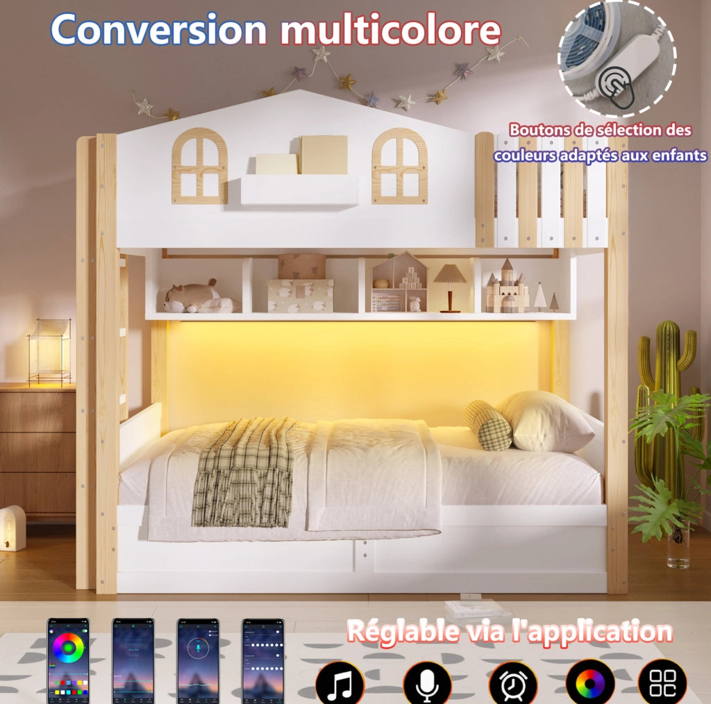 Letto a castello 90x200 cm a casetta con contenitore idraulico; LED; bianco e rovere