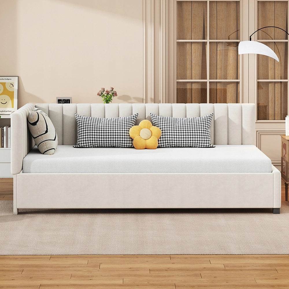 Letto imbottito 90x200 cm - Xylo - Velluto marrone chiaro con struttura a doghe