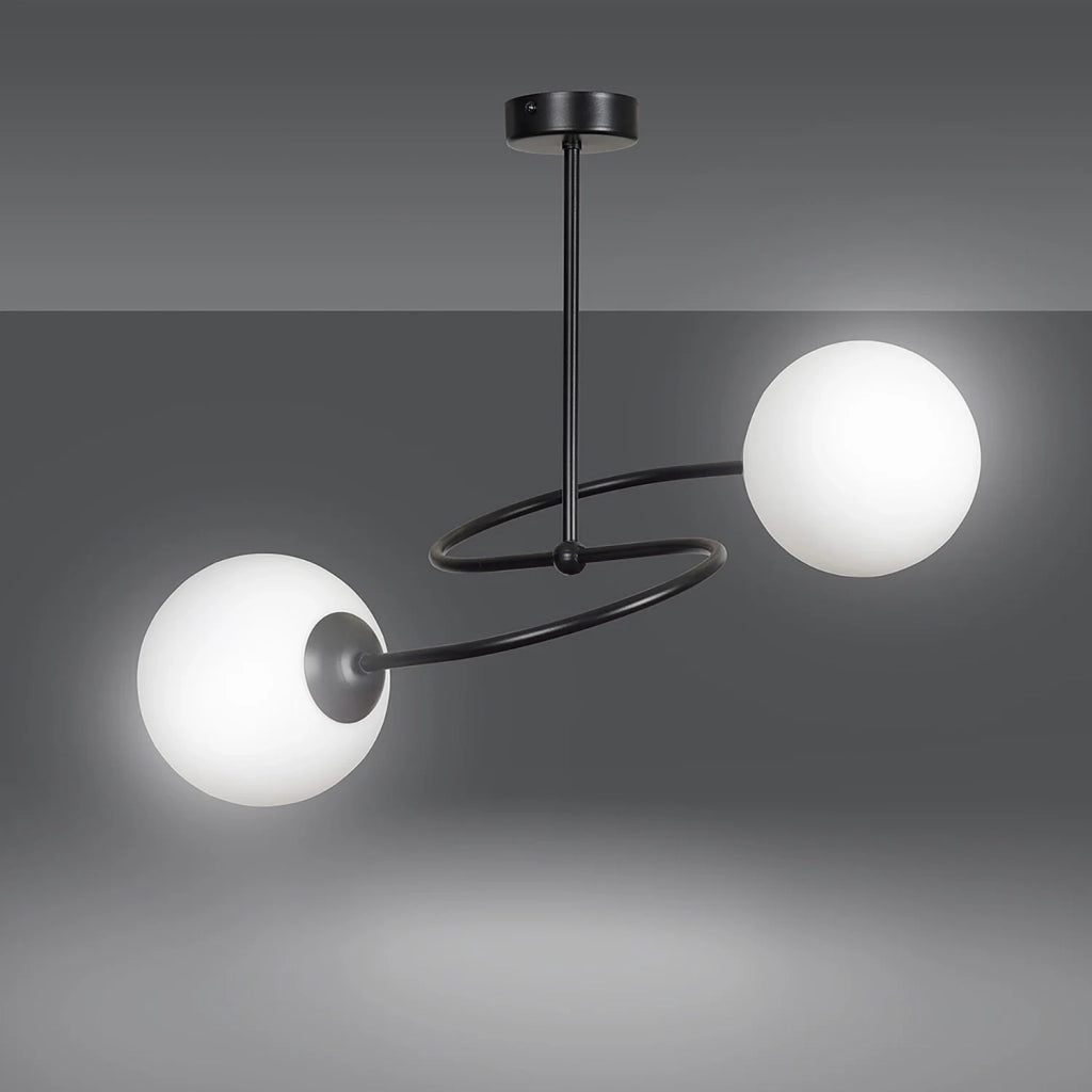 Plafoniera Moderna 2 Luci Nezha In Acciaio Nero E Sfere In Vetro Opale