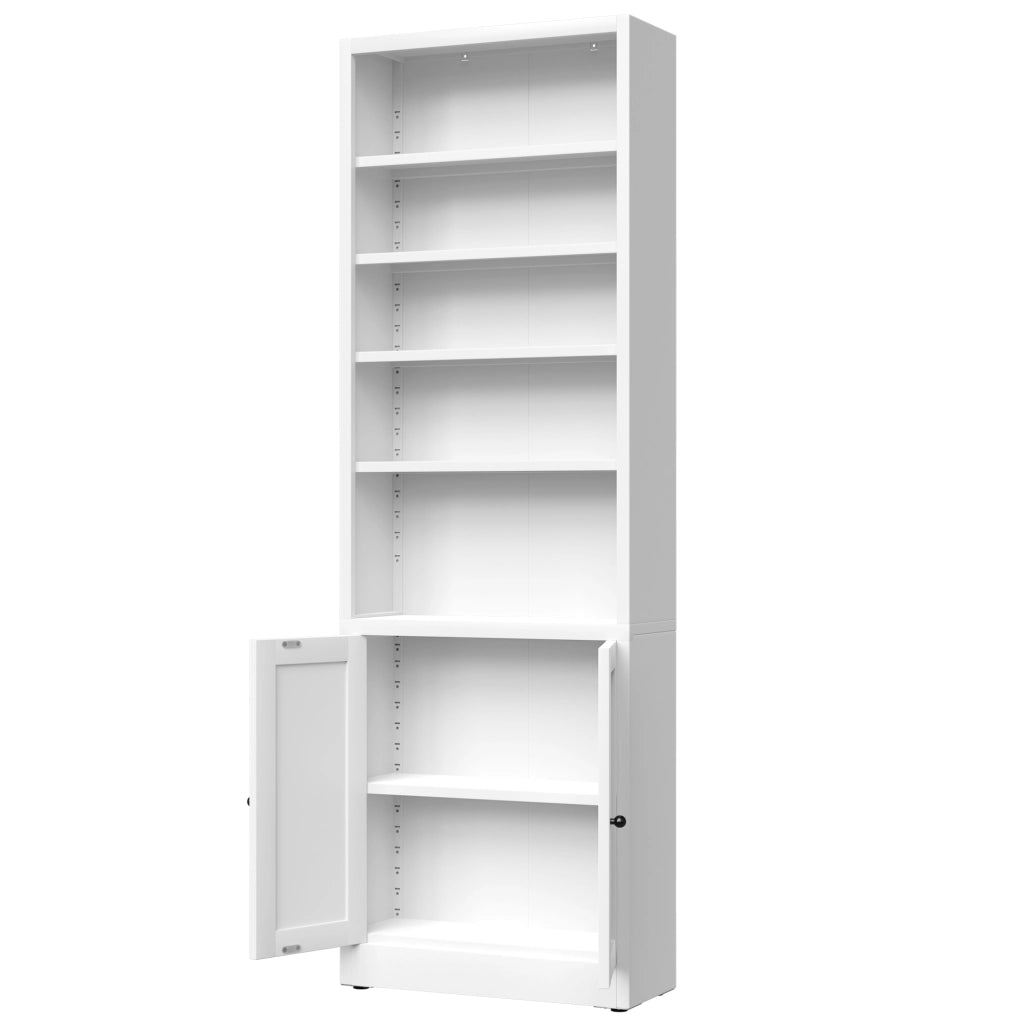 Libreria in metallo bianca con 5 ripiani regolabili e anta, design industriale, H 180 cm