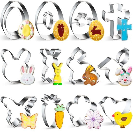Set di stampi per biscotti di Pasqua, 12 pezzi, stampi per biscotti di Pasqua in acciaio inossidabile, stampo per biscotto di coniglio, stampo per biscotto di Pasqua, ideale per regali di Pasqua e biscotti di Pasqua.