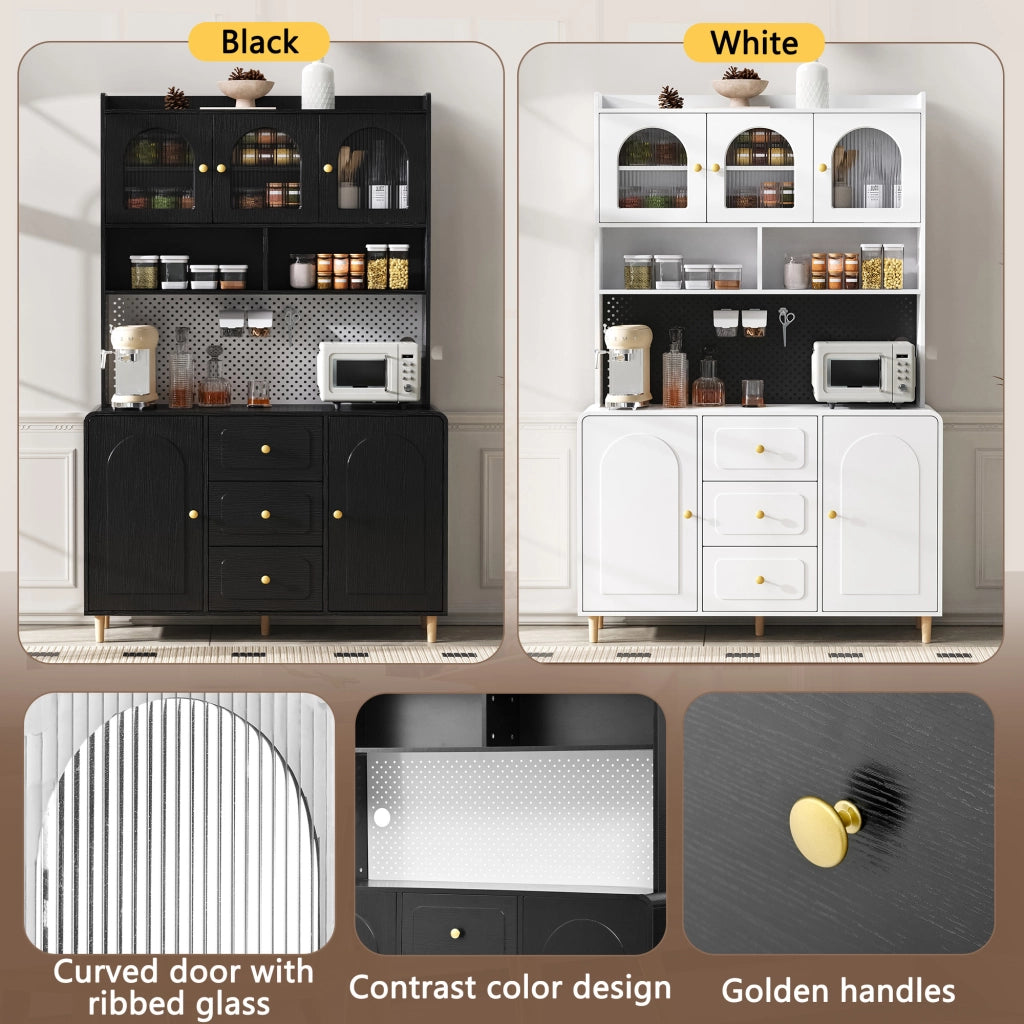 Credenza alta con pannello forato, 3 cassetti e ripiani regolabili, per cucina, in MDF nero, 120 × 40 × 190 cm