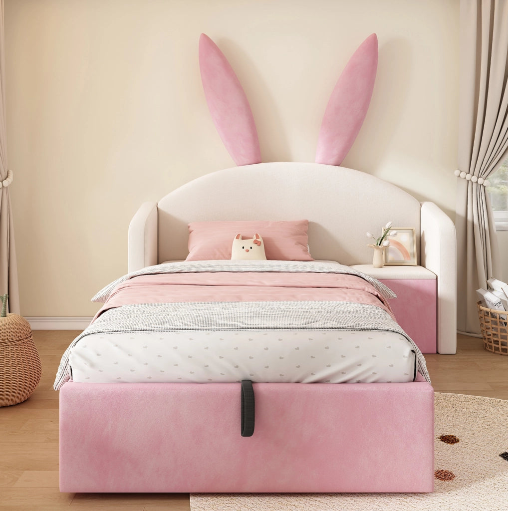 Letto imbottito 90x200 cm per bambini con contenitore idraulico; comodino e orecchie da coniglio; velluto beige e rosa