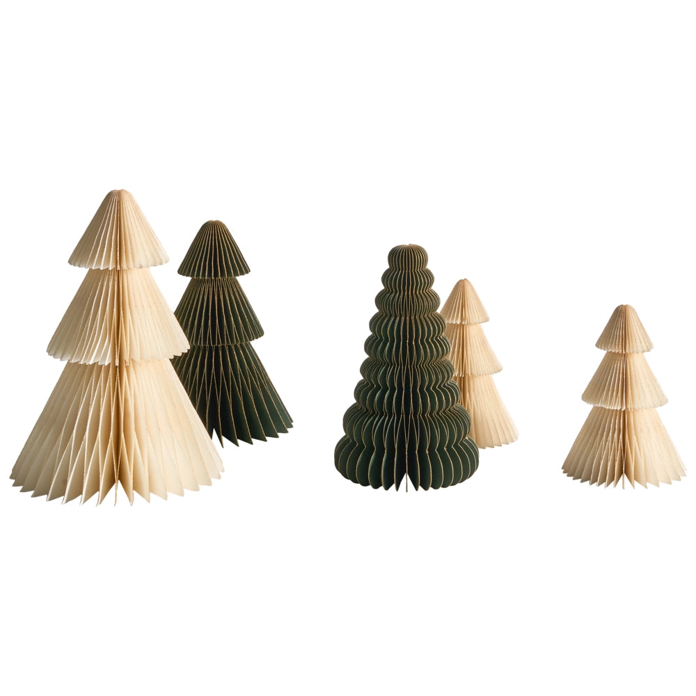 Set di 5 statuine di alberi di Natale beige e verdi in carta a nido d'ape con effetto 3D in stile origami e motivi festivi