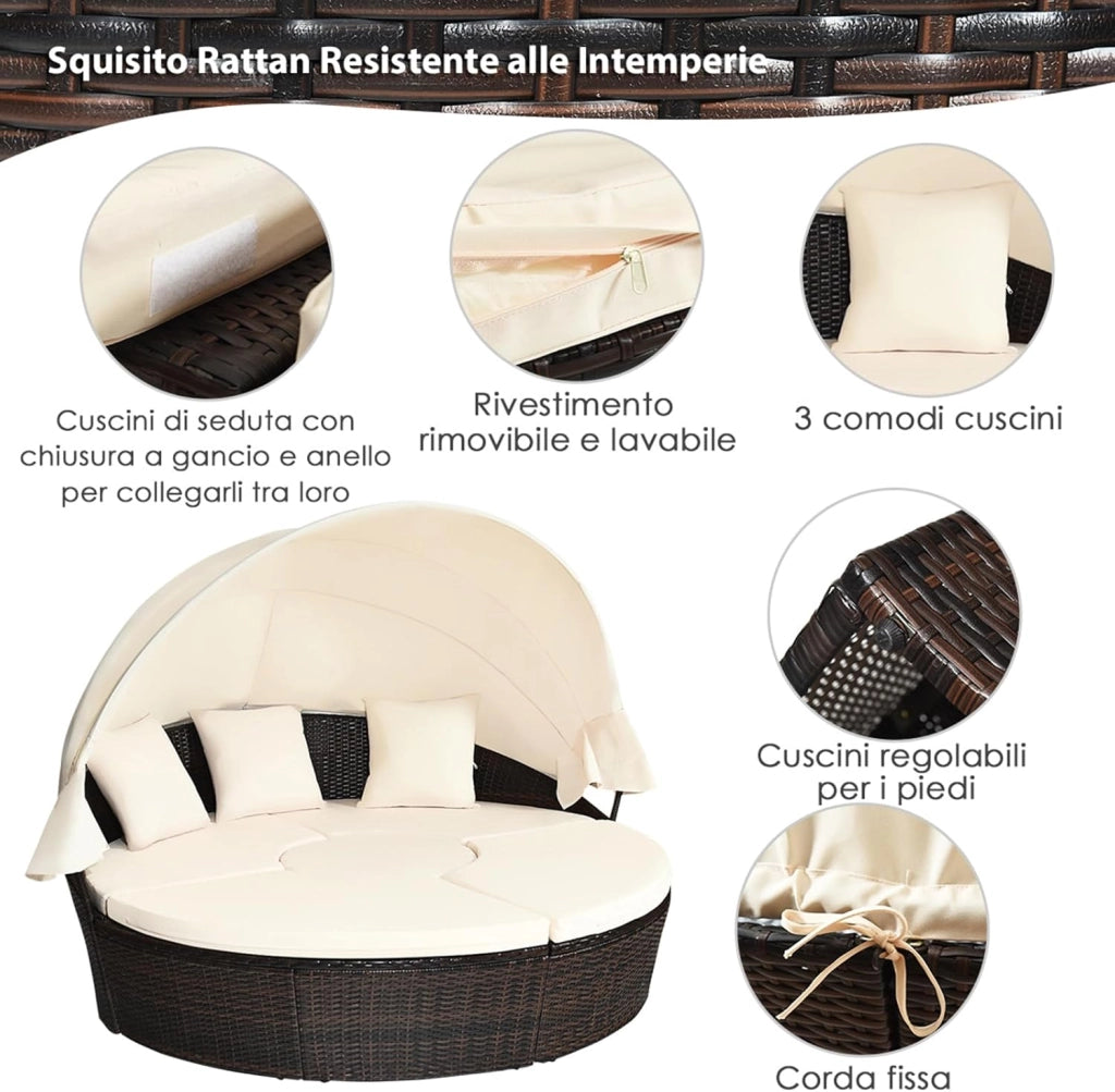 Letto Isola da Giardino, Divano Prendisole con Tettuccio Retrattile, con Sedili Cuscini Impermeabili Sfoderabili, Tavolino Regolabile in Altezza (Beige)