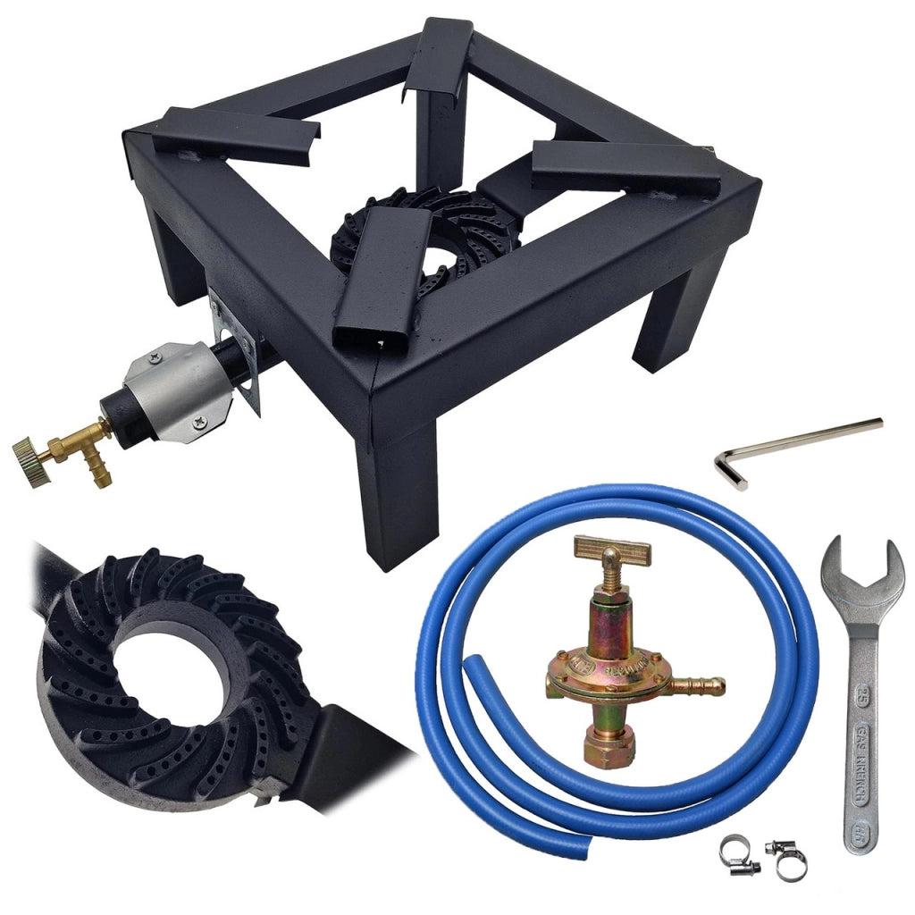 Fornello Fornellone a Gas 40x40 Professionale già Montato – Super Robusto con Bruciatore + Kit Regolatore con tubo e fascette – Made in Italy