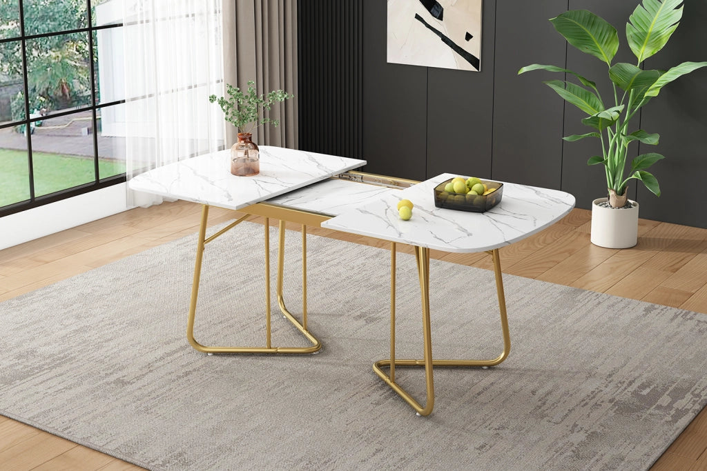Tavolo da pranzo allungabile bianco effetto marmo 140/180x80 cm con gambe in metallo dorato, stile moderno
