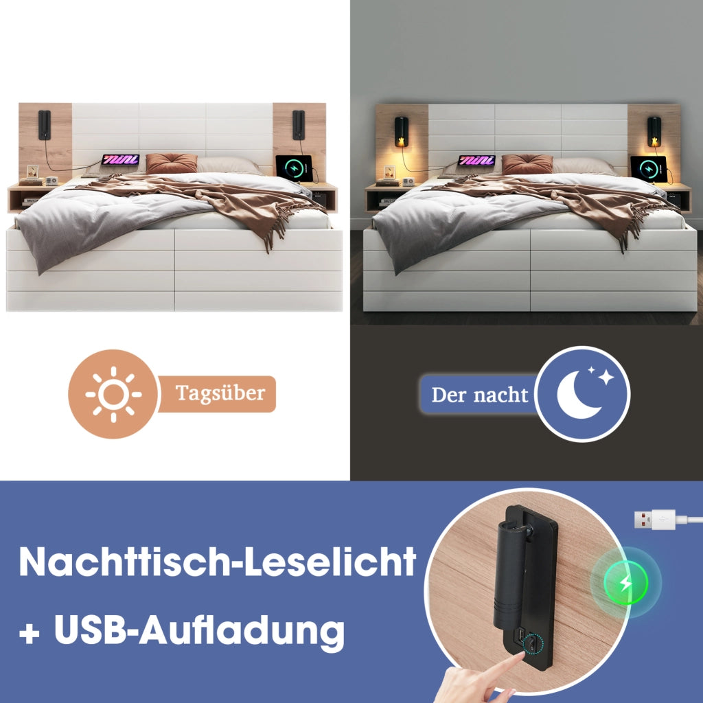 Letto matrimoniale 140x200 con materasso, USB e cassetti