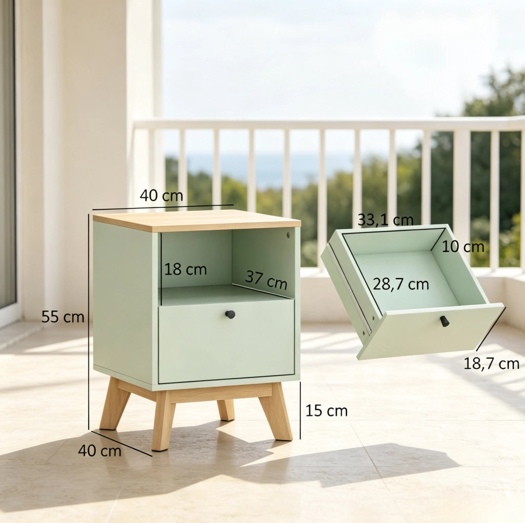 Set di 2 comodini moderni con cassetto e vano aperto 40x40x55 cm in MDF verde chiaro